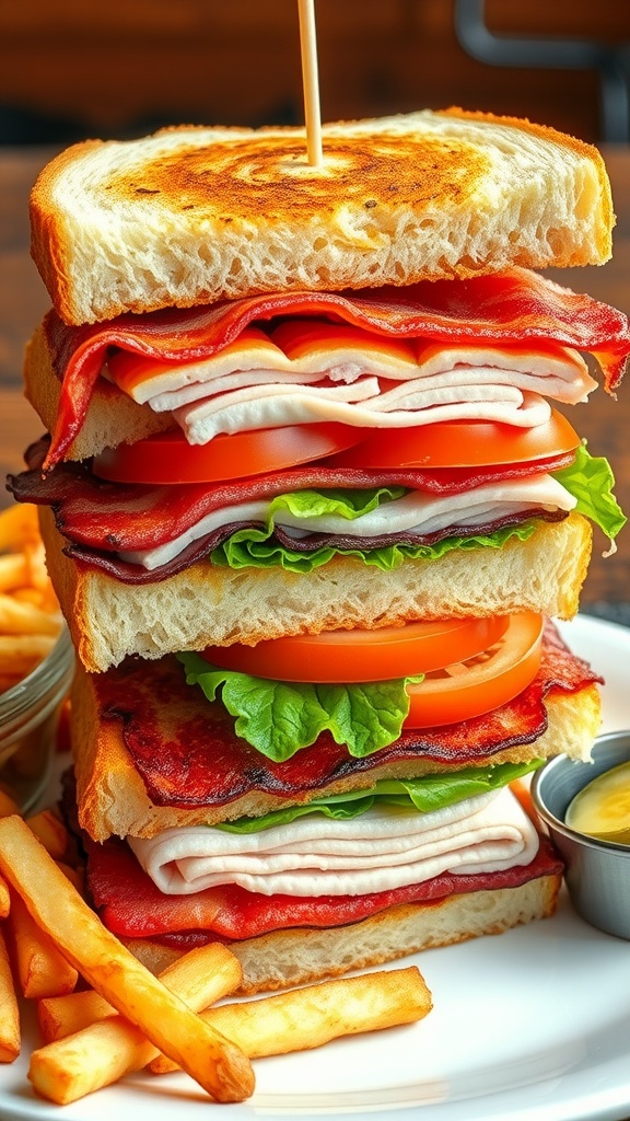 A classic club sandwich with bacon, turkey, lettuce, and tomatoes, served with fries and pickles.